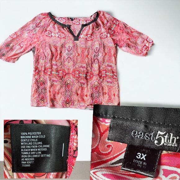 East 5th l Sheer l Tunic Top Blouse l Pink/Red Black Trim l 3/4 Sleeve l 3X EUC - Picture 4 of 11